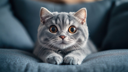 A grey and white cat is laying on a blue couch. The cat has its eyes open and is staring at the camera..の素材
