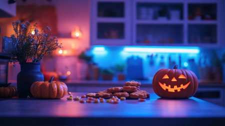 A table is covered with pumpkins and candy, creating a festive atmosphere...の素材