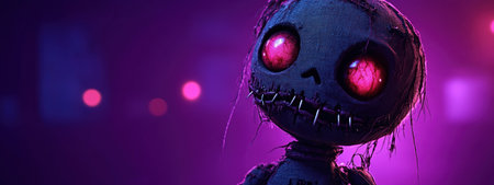 Cursed 3D cartoon voodoo doll with pins and glowing red eyes in purple background. eerie expression adds spooky atmosphere..の素材