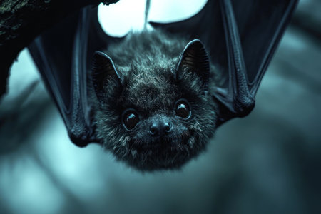 A bat is hanging upside down from a tree branch.の素材