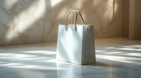 A sleek white shopping bag with matte finish, elegantly placed on marble surface, captures soft light and shadows..の素材