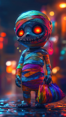 Cyberpunk mummy with colorful bandages holding a trick-or-treat bag Concept blends lowbrow pop surrealism with digital anime and 3D elements...の素材