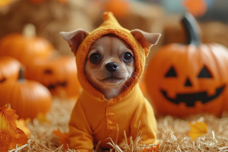 A small dog in cozy orange hoodie sits among pumpkins, exuding playful spirit in festive autumn setting..の素材