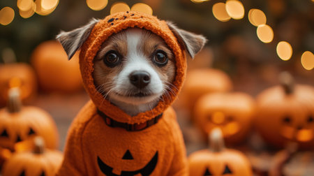 A small dog in pumpkin costume poses adorably among pumpkins, creating festive Halloween atmosphere..の素材
