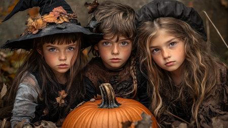 Three young girls are posing for a picture with a pumpkin..の素材