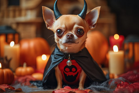 A cute chihuahua dressed in devil costume sits among pumpkins and candles, creating fun and spooky Halloween atmosphere..の素材