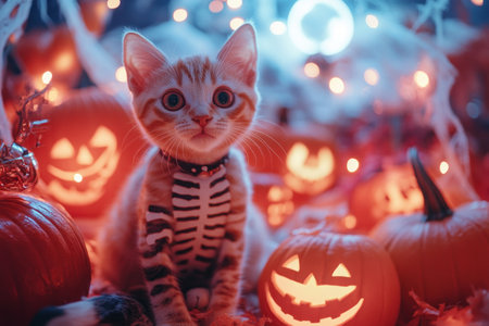 A playful cat in skeleton costume surrounded by glowing pumpkins and Halloween decorations creates festive atmosphere..の素材