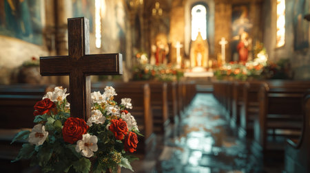 A wooden cross adorned with flowers stands in church, symbolizing faith and devotion. serene interior features rows of pews and beautifully decorated altar..の素材