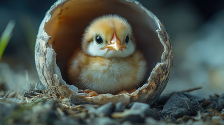 Newly hatched chick emerging from its shell, showcasing its soft feathers and curious expression. This moment captures beauty of new life..の素材