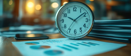 A close up of clock showing time at 1 oclock, placed on wooden table next to smartphone and documents with charts. warm lighting creates focused atmosphere..の素材