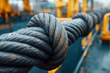 A close up view of thick steel cable with knot, showcasing its texture and rust. industrial setting adds sense of strength and durability..の素材