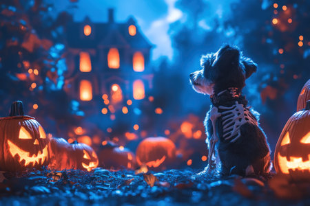 A dog dressed as skeleton sits in spooky Halloween setting, surrounded by glowing pumpkins and haunted house in background..の素材