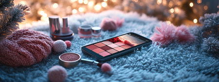 A cozy, relaxed composition featuring mobile device surrounded by makeup items, soft textures, and warm lighting..の素材