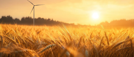 A sustainable wheat field with wind turbine under golden sunlight, creating warm atmosphere perfect for brandingの素材