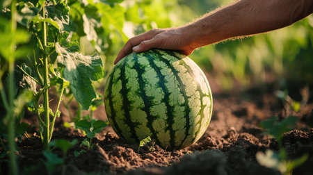 A farmer hand gently lifts ripe watermelon from ground, showcasing rich textures and blurred background for text placementの素材