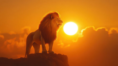A majestic lion stands on cliff at sunset, exuding strength and confidence as sun sets behind it, casting warm glow..の素材