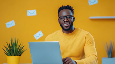 Smiling young man working on laptop in bright office with yellow background, showcasing positive and productive atmosphere..の素材