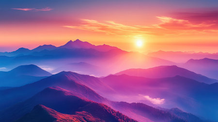 Breathtaking sunrise over mountain range, symbolizing tranquility and beauty. vibrant colors create serene atmosphere..の素材