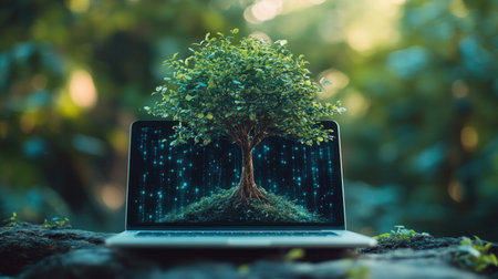 A digital tree growing from laptop symbolizes fusion of nature and technology, set against blurred green background..の素材