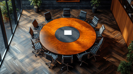 A top down view of circular boardroom table surrounded by black leather chairs, showcasing modern and professional atmosphere..の素材