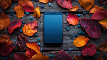 A smartphone surrounded by vibrant autumn leaves and berries creates cozy atmosphere..の素材