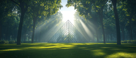 A glass pyramid structure situated in tranquil park, surrounded by lush trees and illuminated by soft sunlight. serene atmosphere evokes sense of peace..の素材