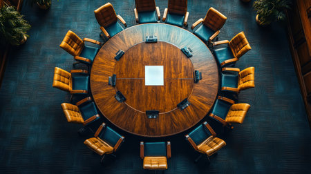A top down view of circular boardroom table surrounded by leather chairs, creating professional and inviting atmosphere for meetings..の素材