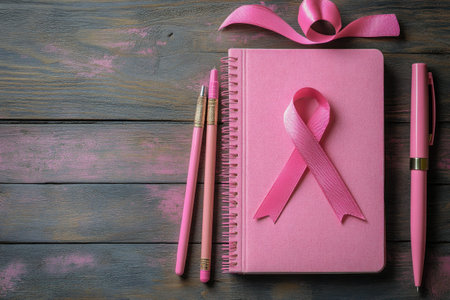 A creative flat lay featuring pink notebook, pens, and pink ribbon, symbolizing awareness and support. arrangement evokes sense of inspiration and positivity..の素材
