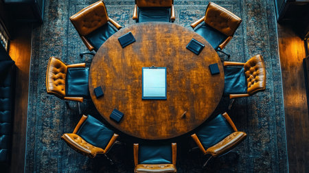 A top down view of circular boardroom table surrounded by leather chairs, creating professional and inviting atmosphere for meetings..の素材