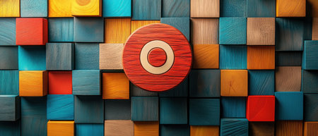 Colorful wooden blocks create vibrant and playful background, featuring prominent circular element in center. This artistic arrangement evokes creativity and fun..の素材
