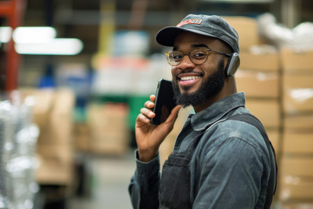 An Efficient food logistics manager smiling while talking on phone in warehouseの素材