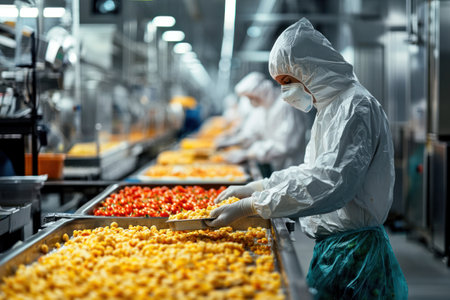 A Worker in protective gear handling food in cleanroom environment, focused on quality control and hygieneの素材