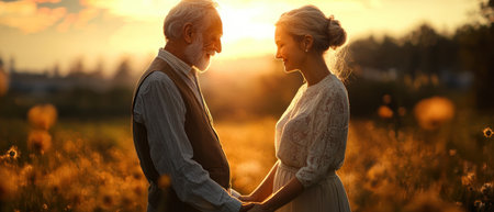 An Older couple holding hands, gentle smiles, sharing whispers of memories, happiness companionship, life long dream fulfilledの素材