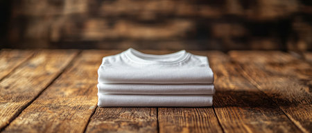 Neatly folded white cotton t shirts stacked on rustic wooden surface, creating clean and organized look..の素材