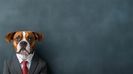 Grumpy dog wearing business suit, looking serious and professional.の素材