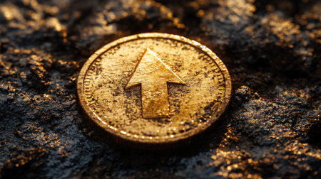 Golden coin with an upward arrow symbolizing growth and prosperity, resting on textured surface..の素材