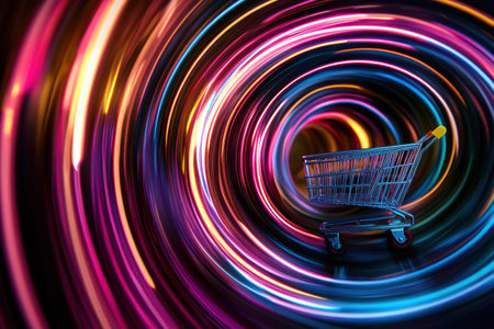 A vibrant shopping cart surrounded by colorful swirling lights creates dynamic scene.の素材