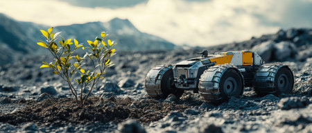 A robotic vehicle near small plant in rocky landscape.の素材