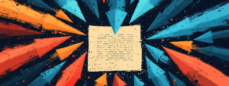 Dynamic illustration featuring vibrant arrows radiating towards blank sheet, creating an energetic and engaging visual..の素材