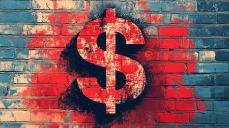 Grunge dollar sign on colorful brick wall, symbolizing economic themes and financial concepts. vibrant colors evoke sense of urgency and change..の素材