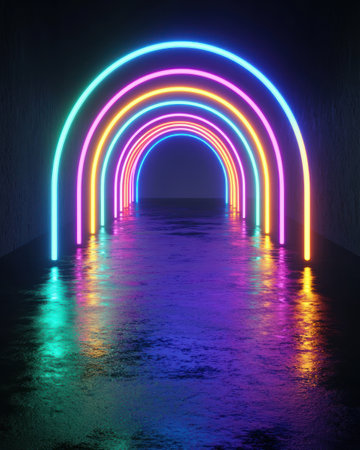 A Neon rainbow lights create joyful vibe in dark tunnel, reflecting on wet floorの素材