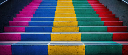 A Colorful stairs create vibrant atmosphere, showcasing proud progress in empty spaceの素材