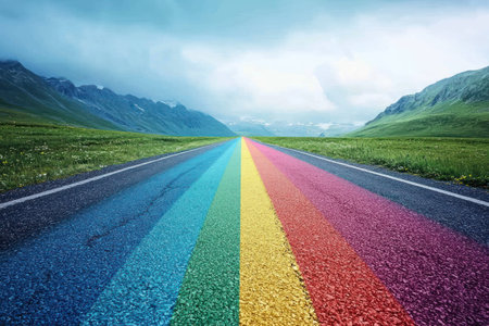 A vibrant rainbow road stretches towards horizon, inviting joyful journey through lush green landscapes and majestic mountainsの素材