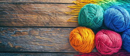 A Colorful yarn balls on wooden surface, symbolizing creativity and togethernessの素材