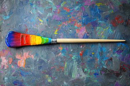 A vibrant paintbrush with rainbow colors rests on textured canvas, inspiring creativity and joyの素材