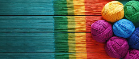 A Colorful yarn balls arranged vibrant rainbow pattern, symbolizing togetherness and creativity. Perfect for crafting projectsの素材
