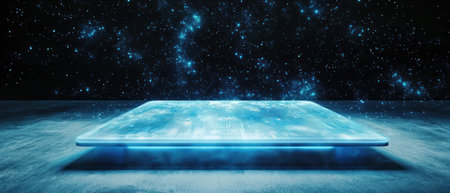 A futuristic holographic display above surface, showcasing cosmic data visualization and innovationの素材