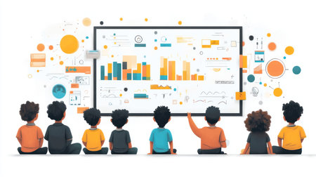 Engaged children learning from smart AI powered whiteboard in class.の素材