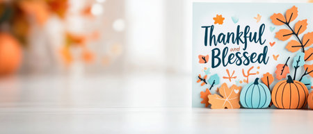 Thankful and blessed card with autumn leaves and pumpkins.の素材