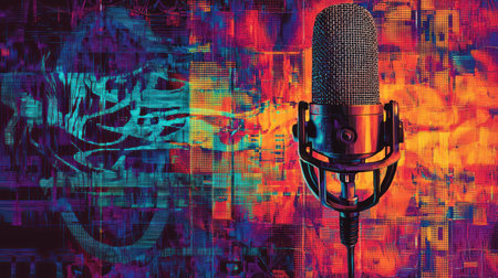 A Collage of podcasting equipment featuring prominent microphone, vibrant soundwave patterns, and diverse speech stylesの素材